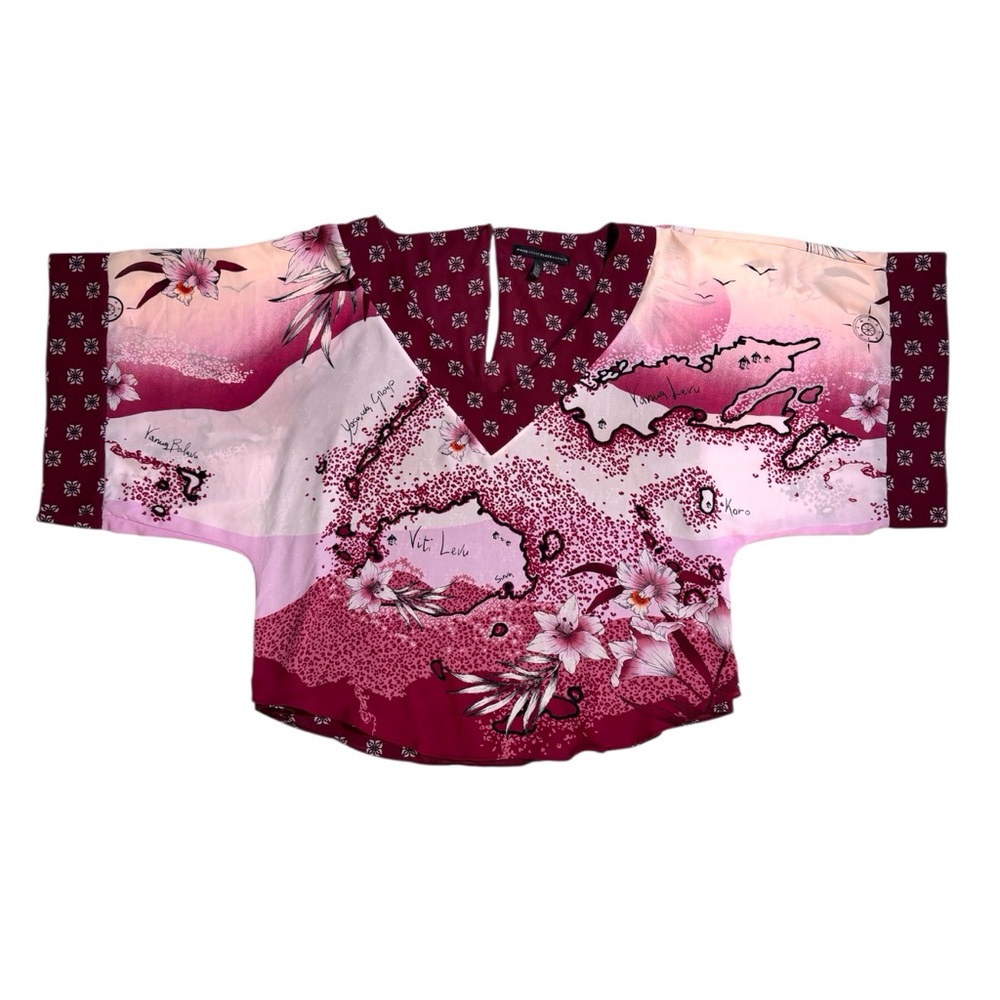 White House Black Market floral map print kimono blouse w/wide dolman sleeves